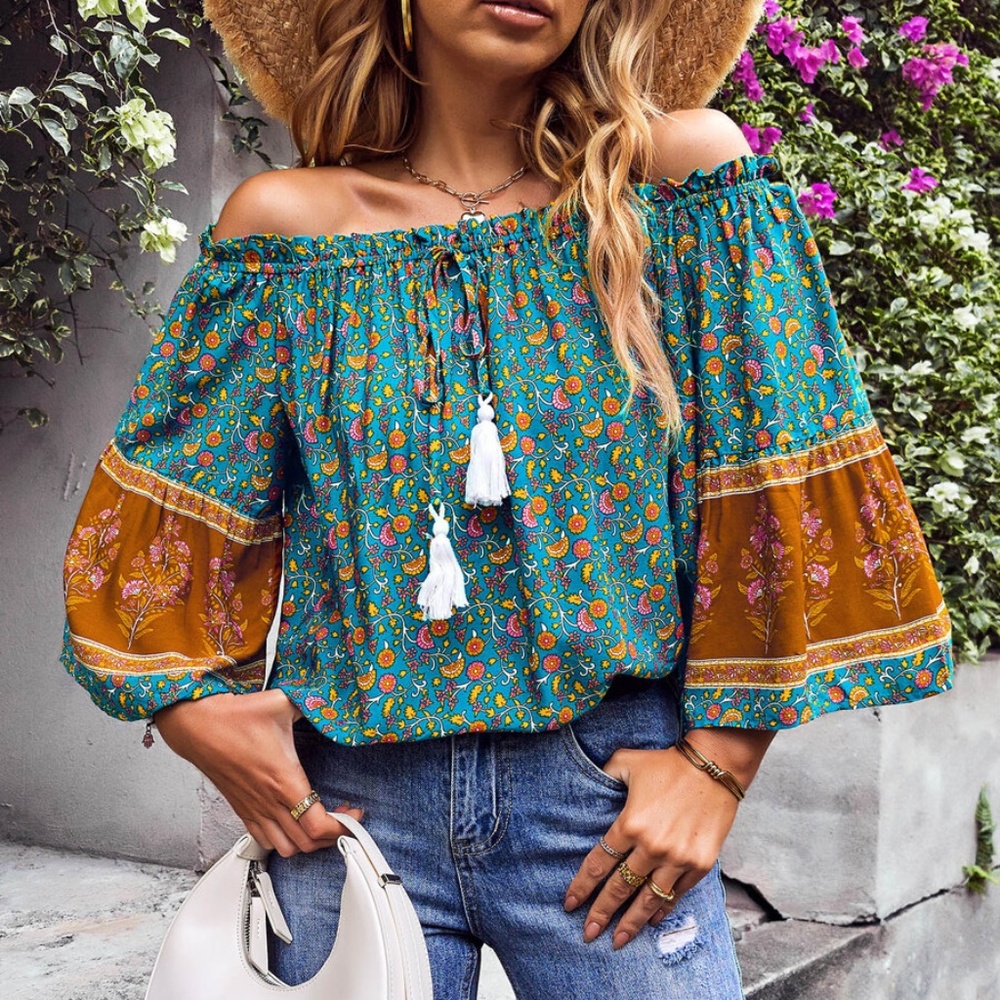 Boho Teal Green Floral Print Off Shoulder Top